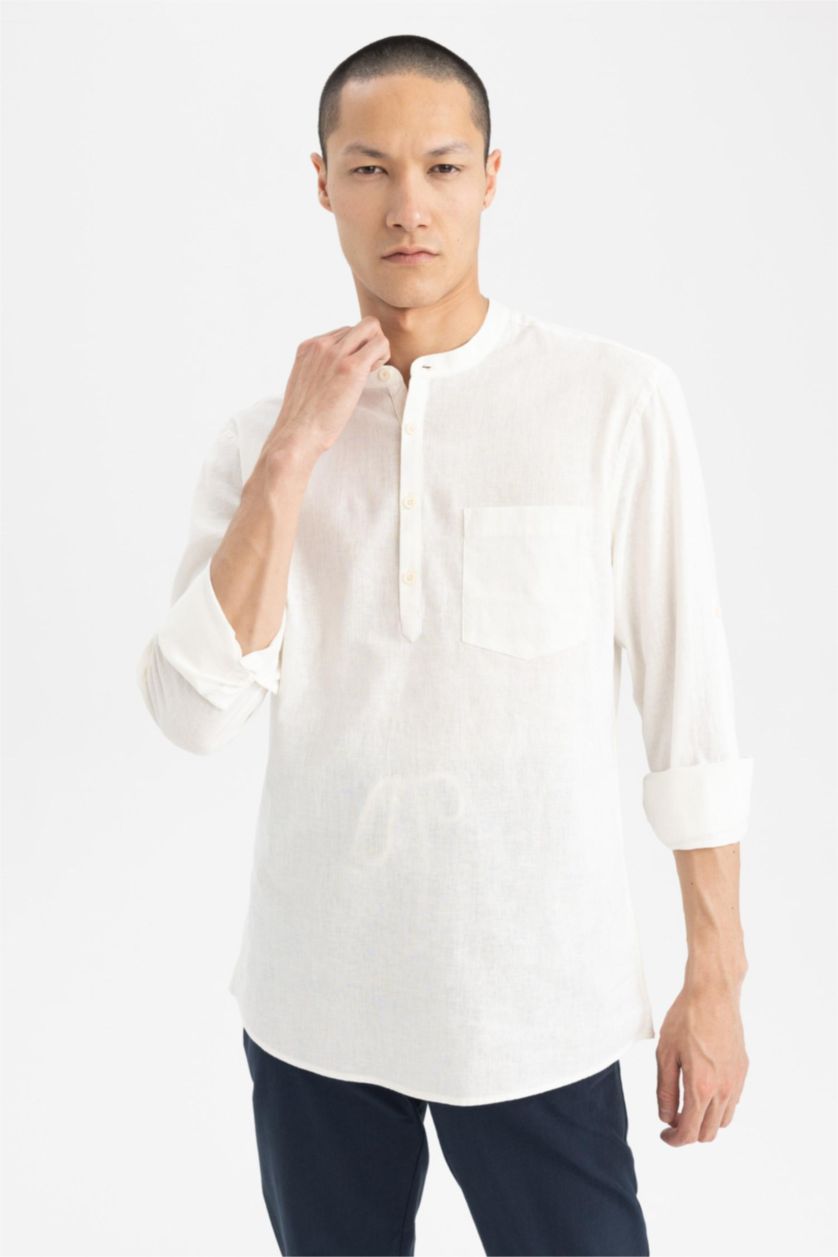 MAN White Slim Fit Dog Collar Cotton Long Sleeve Shirt