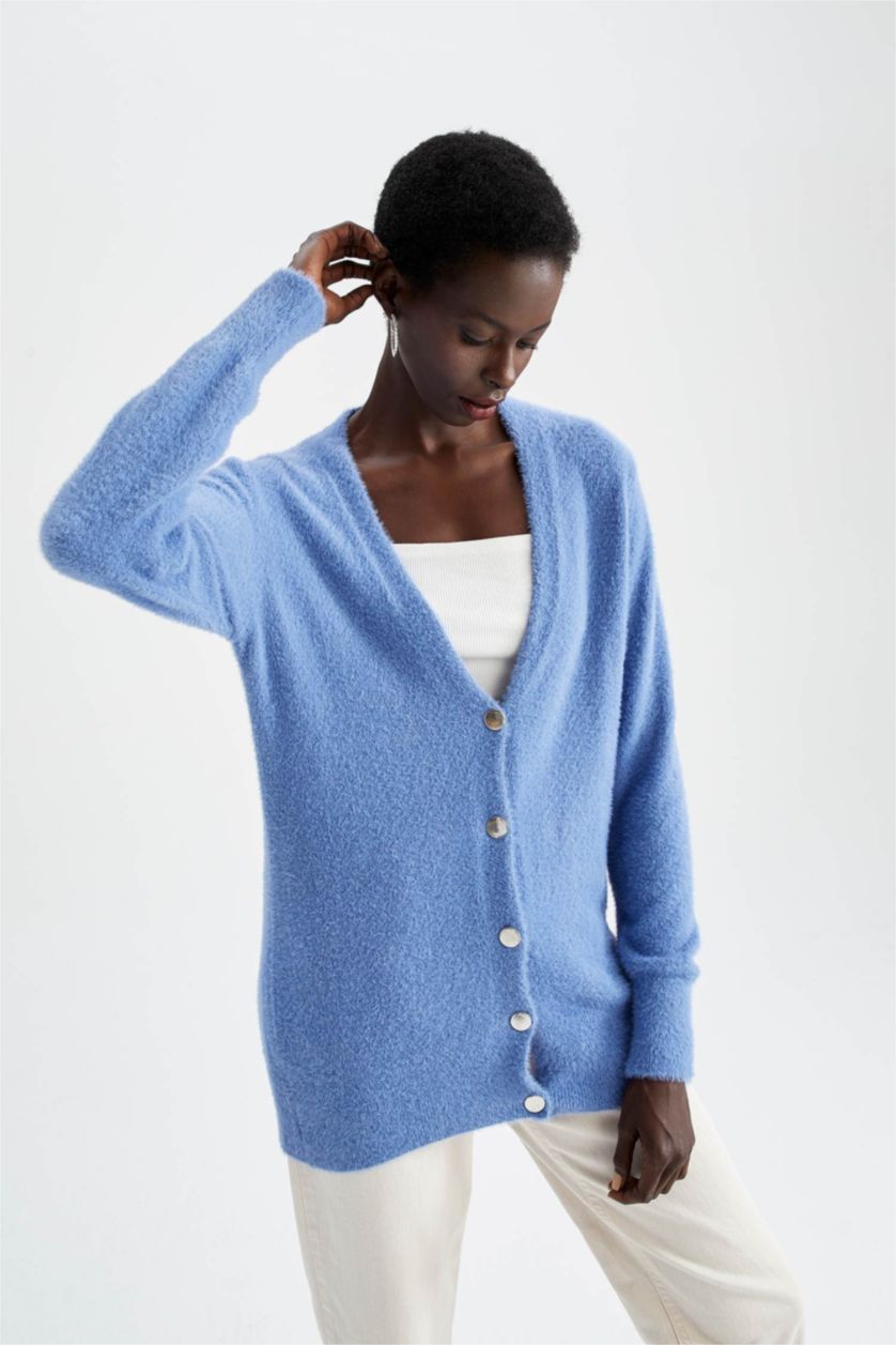 FEMME Bleu Cardigan boutonné à col en V coupe classique