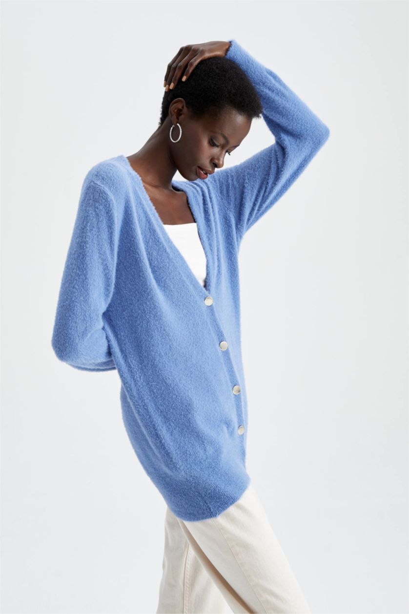 FEMME Bleu Cardigan boutonné à col en V coupe classique