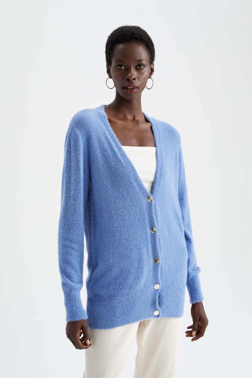 FEMME Bleu Cardigan boutonné à col en V coupe classique