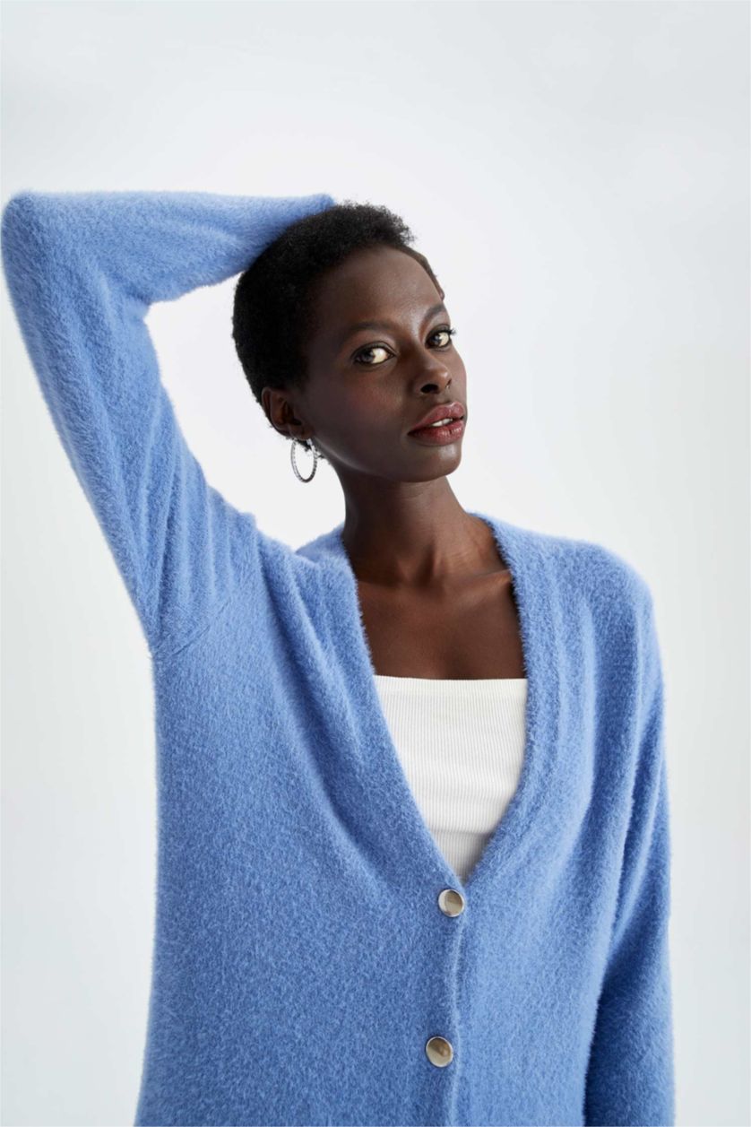 FEMME Bleu Cardigan boutonné à col en V coupe classique
