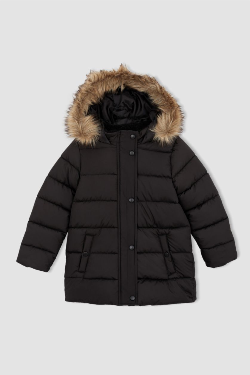 بنات أسود جاكيت بناتي بقصة عادية بغطاء للرأس ببطانة صناعية