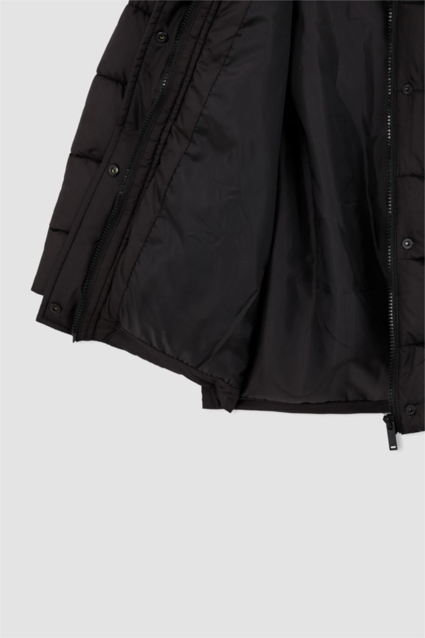 بنات أسود جاكيت بناتي بقصة عادية بغطاء للرأس ببطانة صناعية