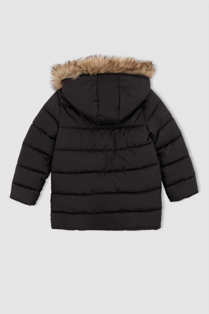 بنات أسود جاكيت بناتي بقصة عادية بغطاء للرأس ببطانة صناعية