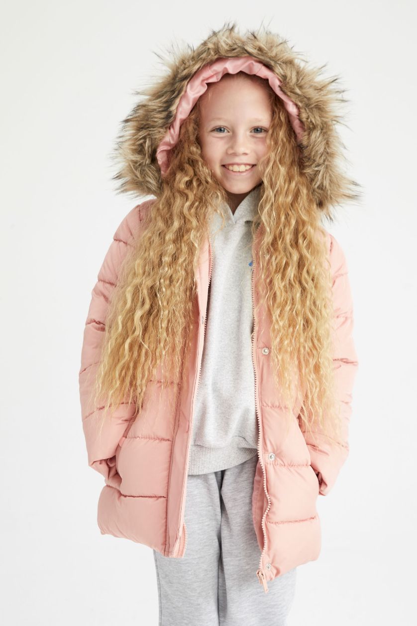 بنات وردي فاتح قمصلة نفخ بناتي بفرو صناعي بغطاء للرأس