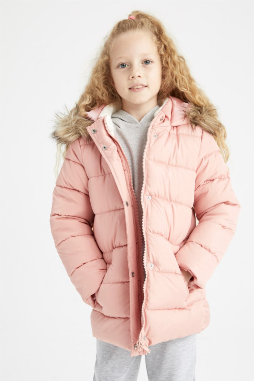 بنات وردي فاتح قمصلة نفخ بناتي بفرو صناعي بغطاء للرأس