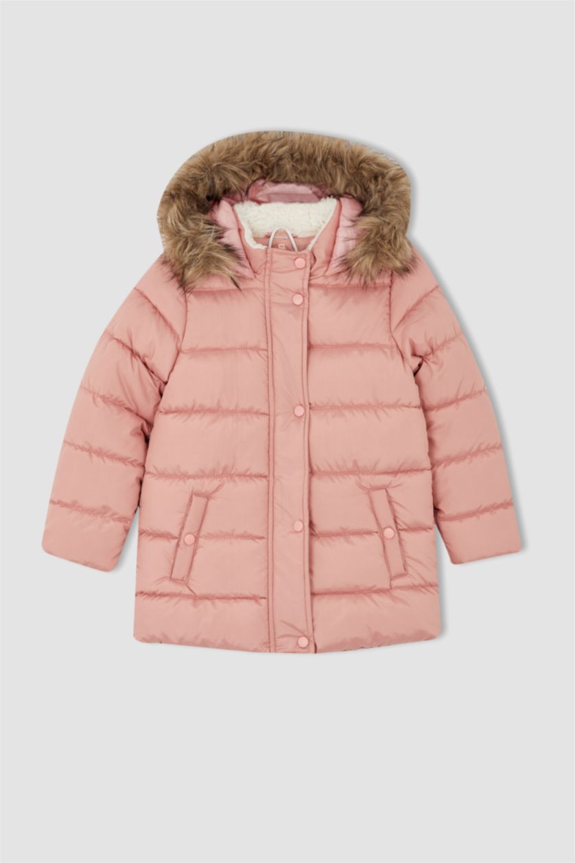 بنات وردي فاتح قمصلة نفخ بناتي بفرو صناعي بغطاء للرأس