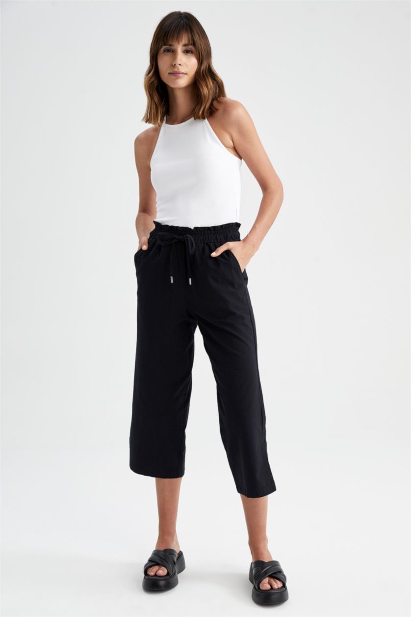 FEMME Noir Pantacourt Capri Jambe large et raccourcie Paperbag Ourlet large