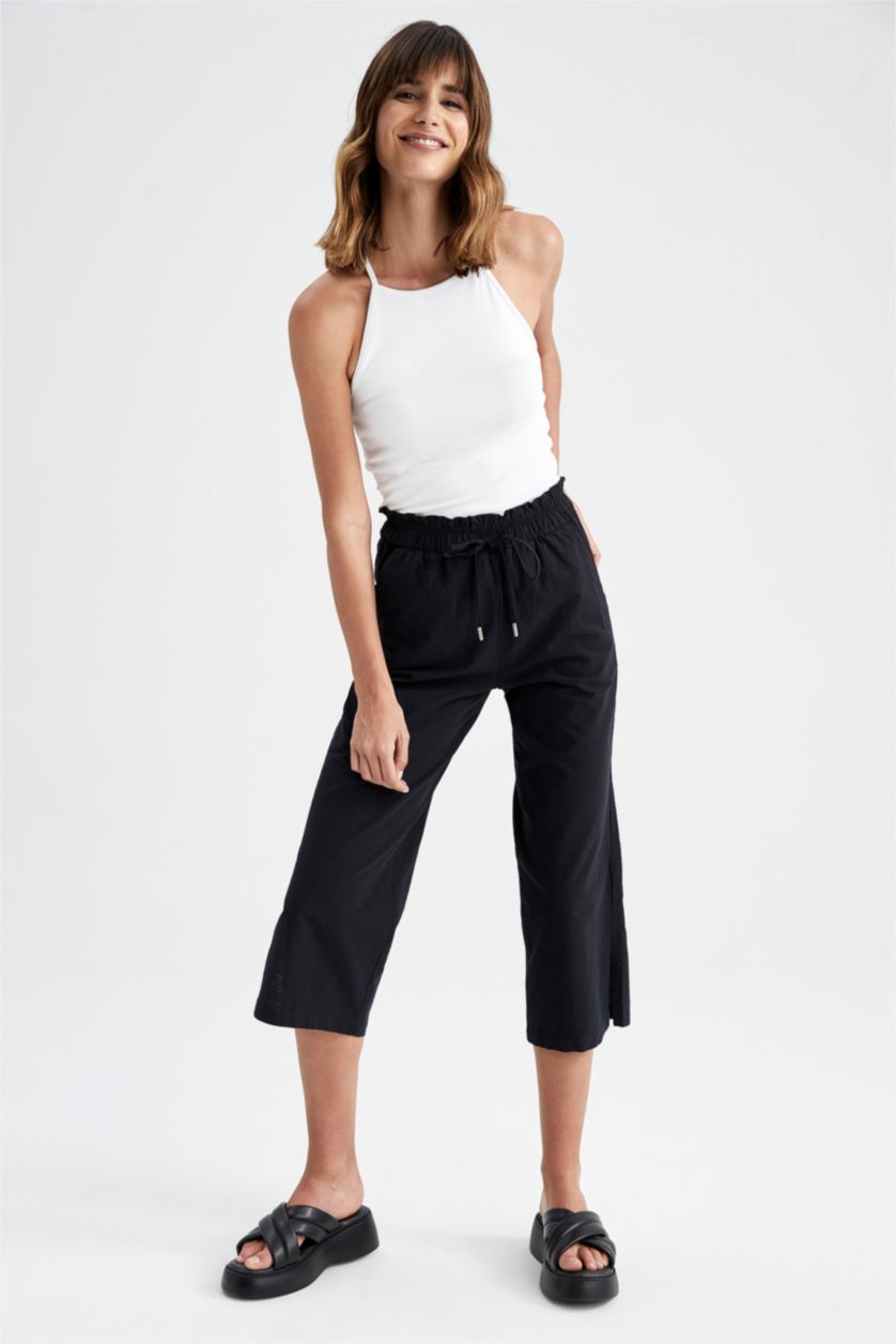 FEMME Noir Pantacourt Capri Jambe large et raccourcie Paperbag Ourlet large