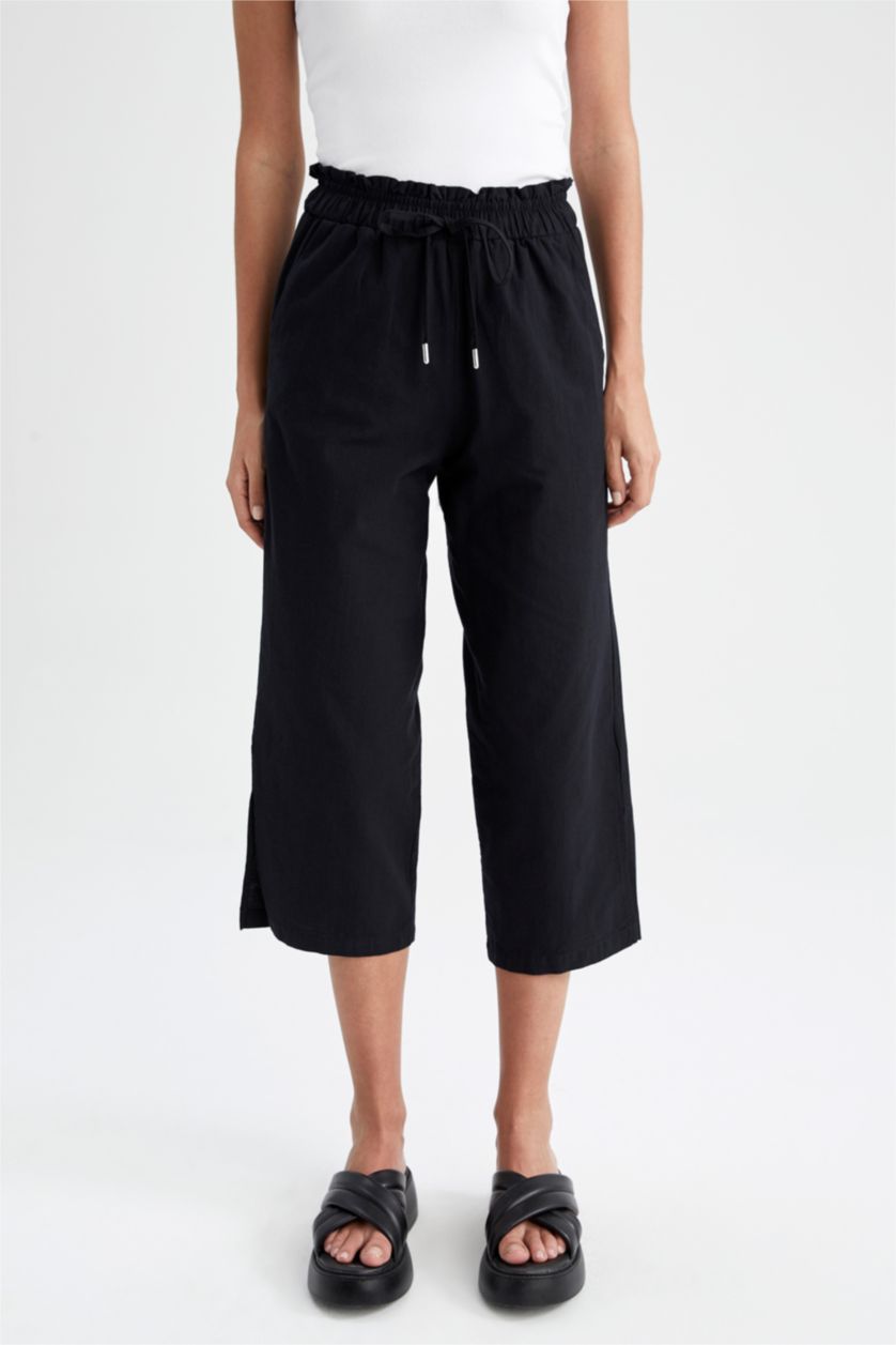 FEMME Noir Pantacourt Capri Jambe large et raccourcie Paperbag Ourlet large