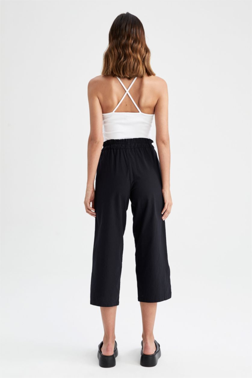 FEMME Noir Pantacourt Capri Jambe large et raccourcie Paperbag Ourlet large