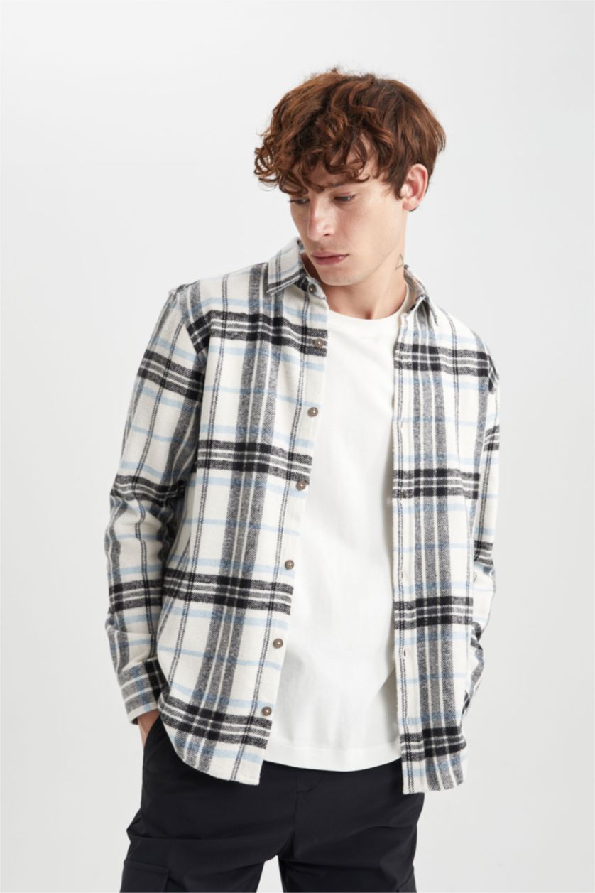 Erkek İndigo Regular Fıt Kareli Oduncu Uzun Kollu Gömlek