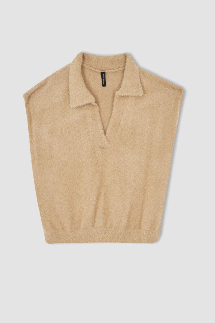 حريمي بيج بلوفر كت تريكو بقصة مريحة بياقة بولو من القطيفة