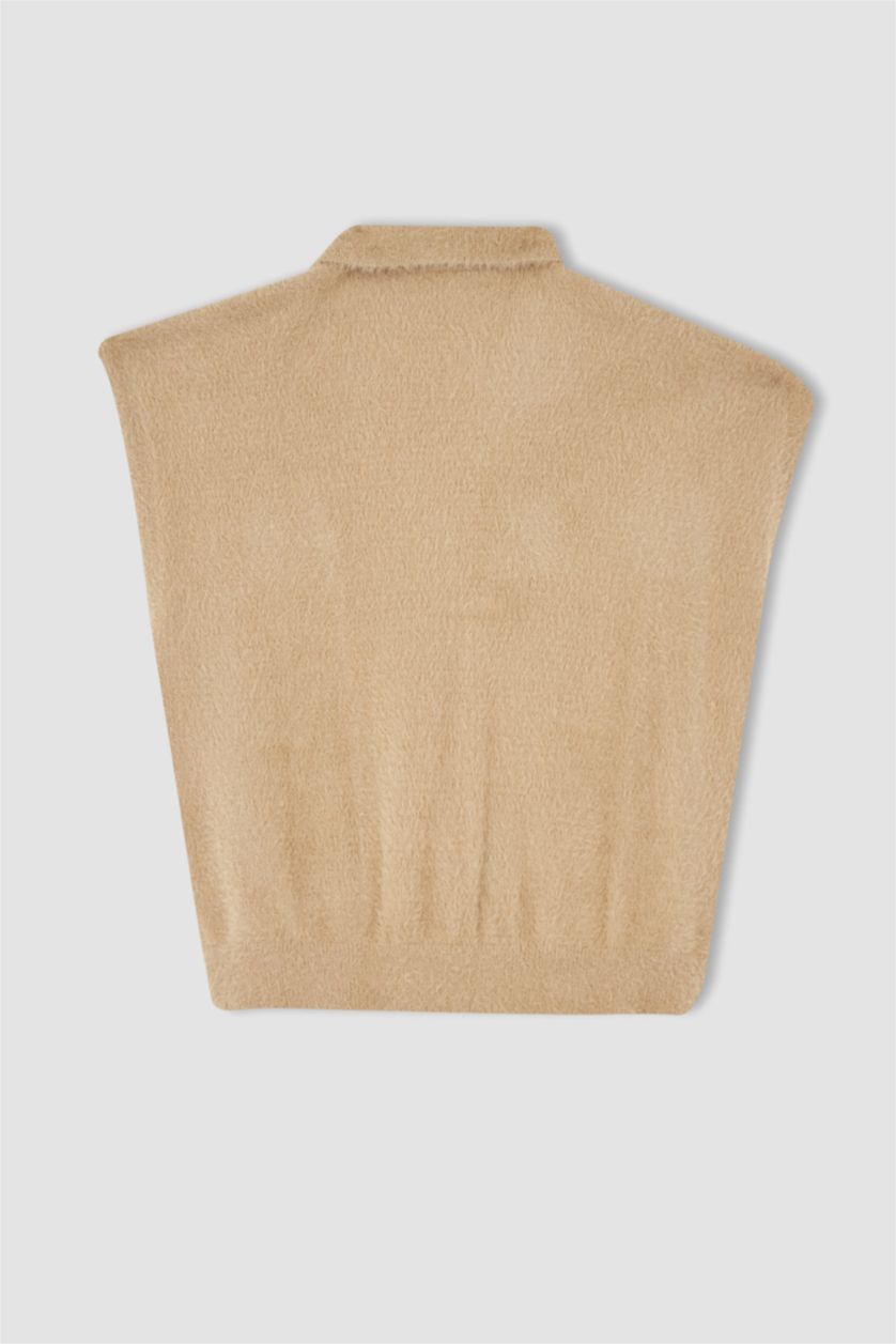 حريمي بيج بلوفر كت تريكو بقصة مريحة بياقة بولو من القطيفة