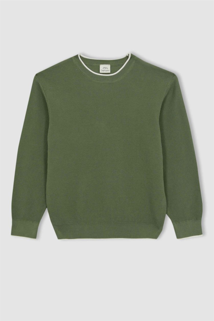 أولاد كاكي فاتح بلوفر قطن قصة عادية برقبة مستديرة