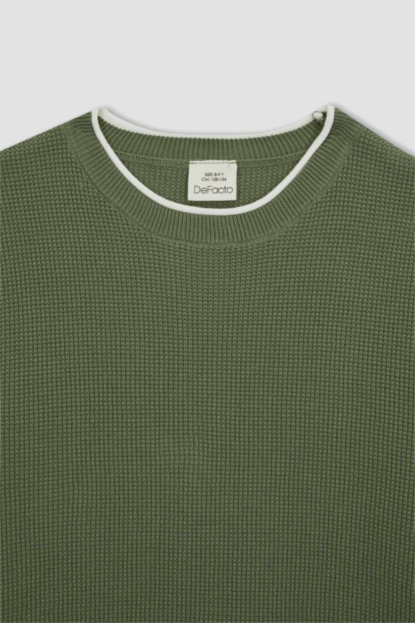 أولاد كاكي فاتح بلوفر قطن قصة عادية برقبة مستديرة