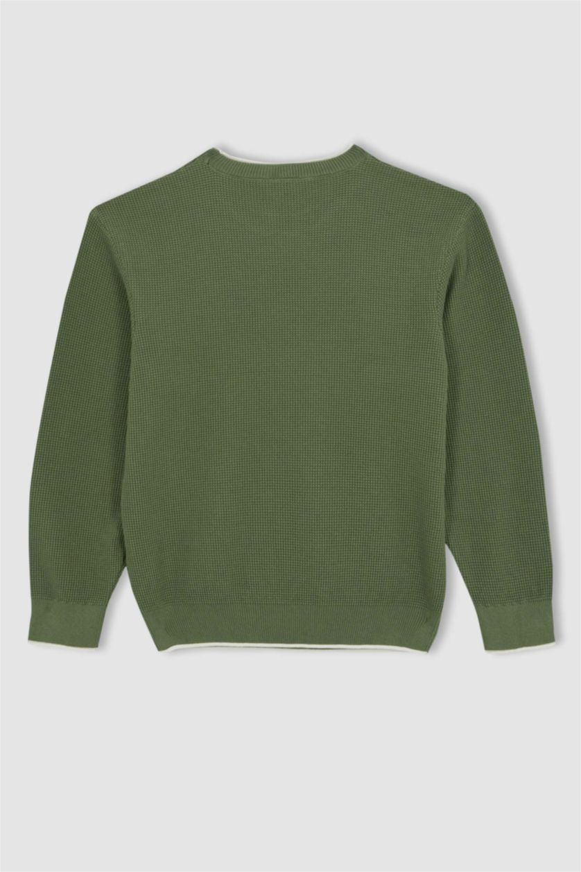 أولاد كاكي فاتح بلوفر قطن قصة عادية برقبة مستديرة