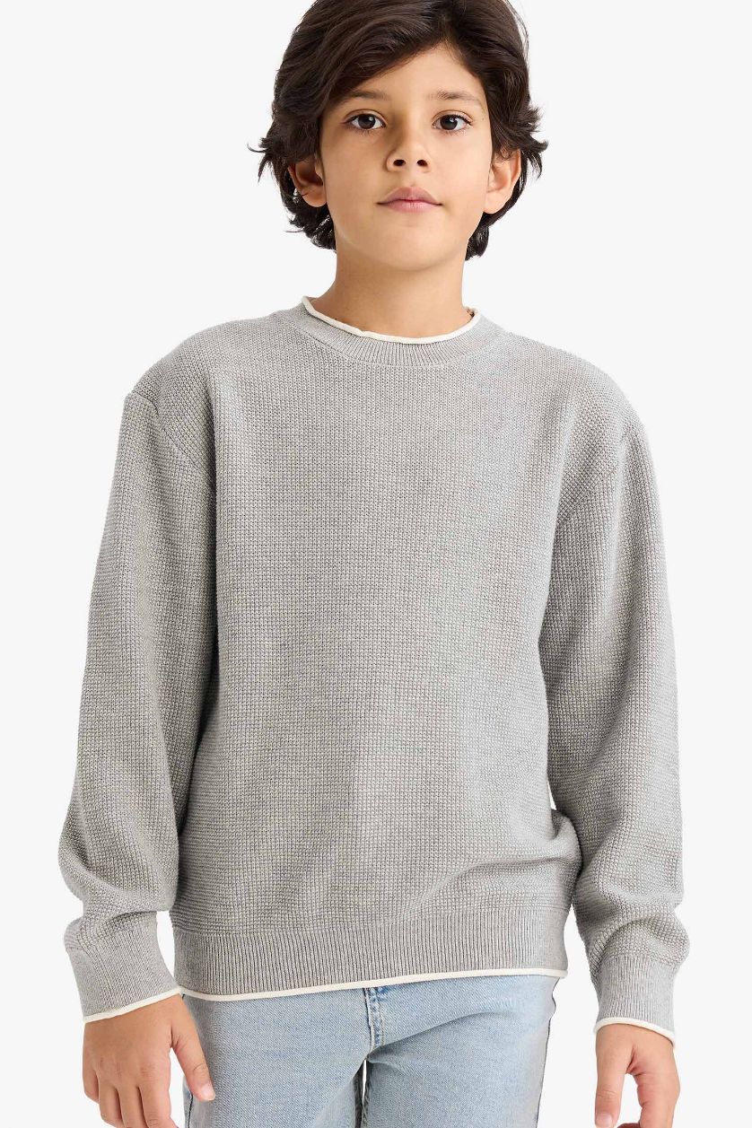 أولاد ميلانج رمادي بلوفر اولادي قطن قصة عادية بياقة مستديرة