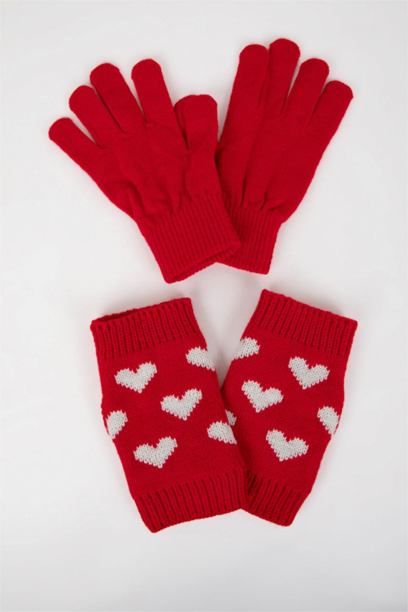 Women Red Woman Christmas Themed Knitted Gloves