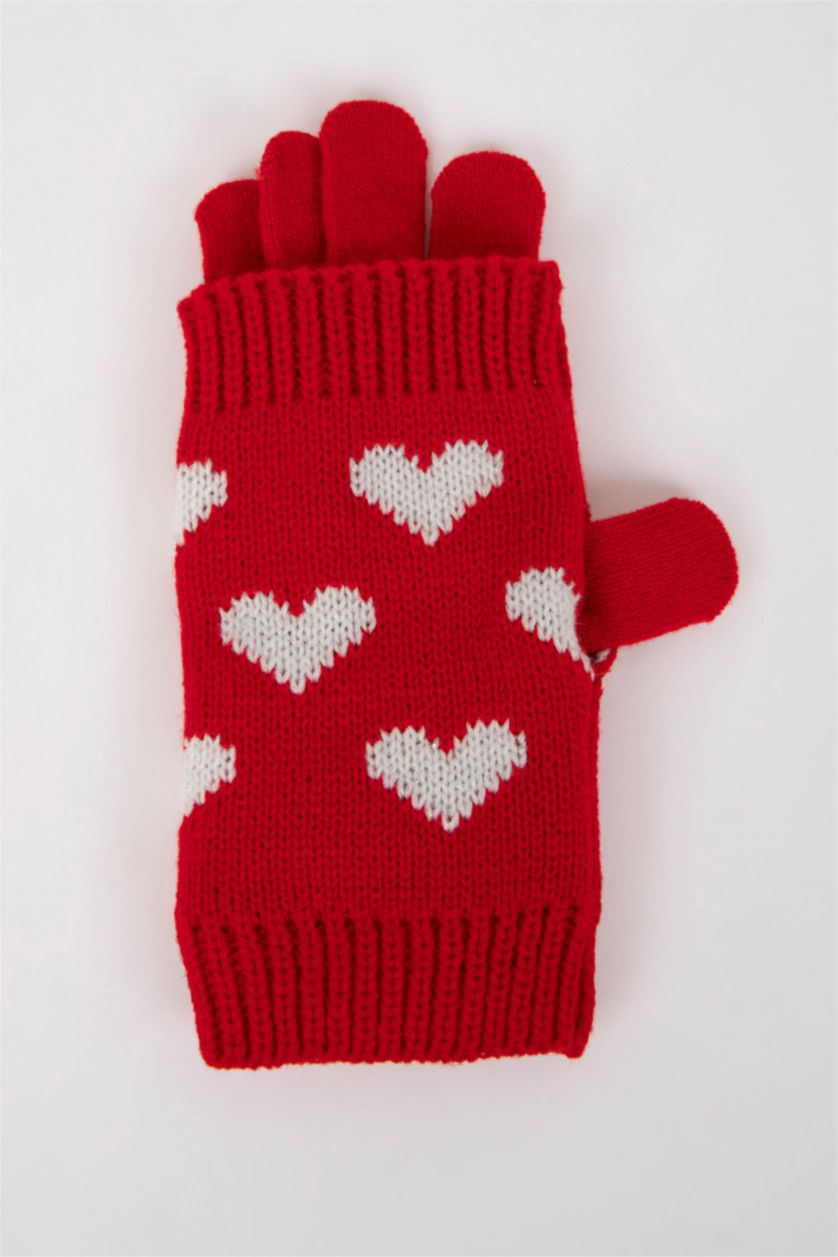 Women Red Woman Christmas Themed Knitted Gloves