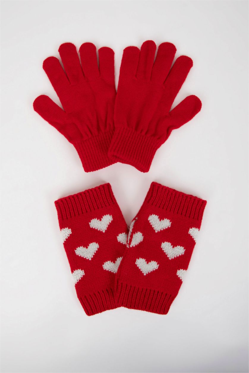 Women Red Woman Christmas Themed Knitted Gloves