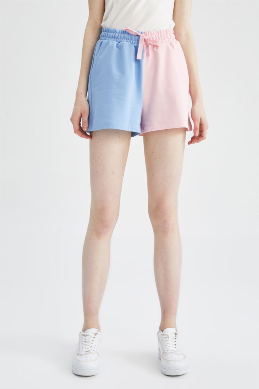 FEMME Bleu Mini short coupe décontractée à taille élastique avec poche à blocs de couleurs
