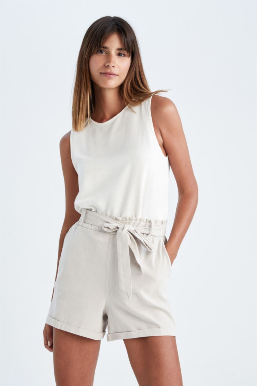 Woman Stone Relax Fit Linen Blended Paperbag Waist Short Leg Shorts