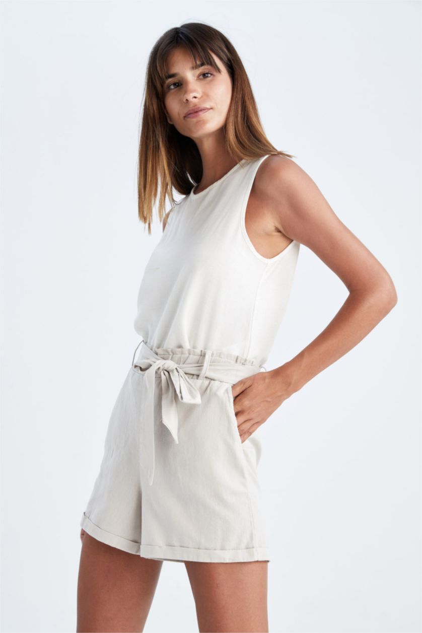 Woman Stone Relax Fit Linen Blended Paperbag Waist Short Leg Shorts