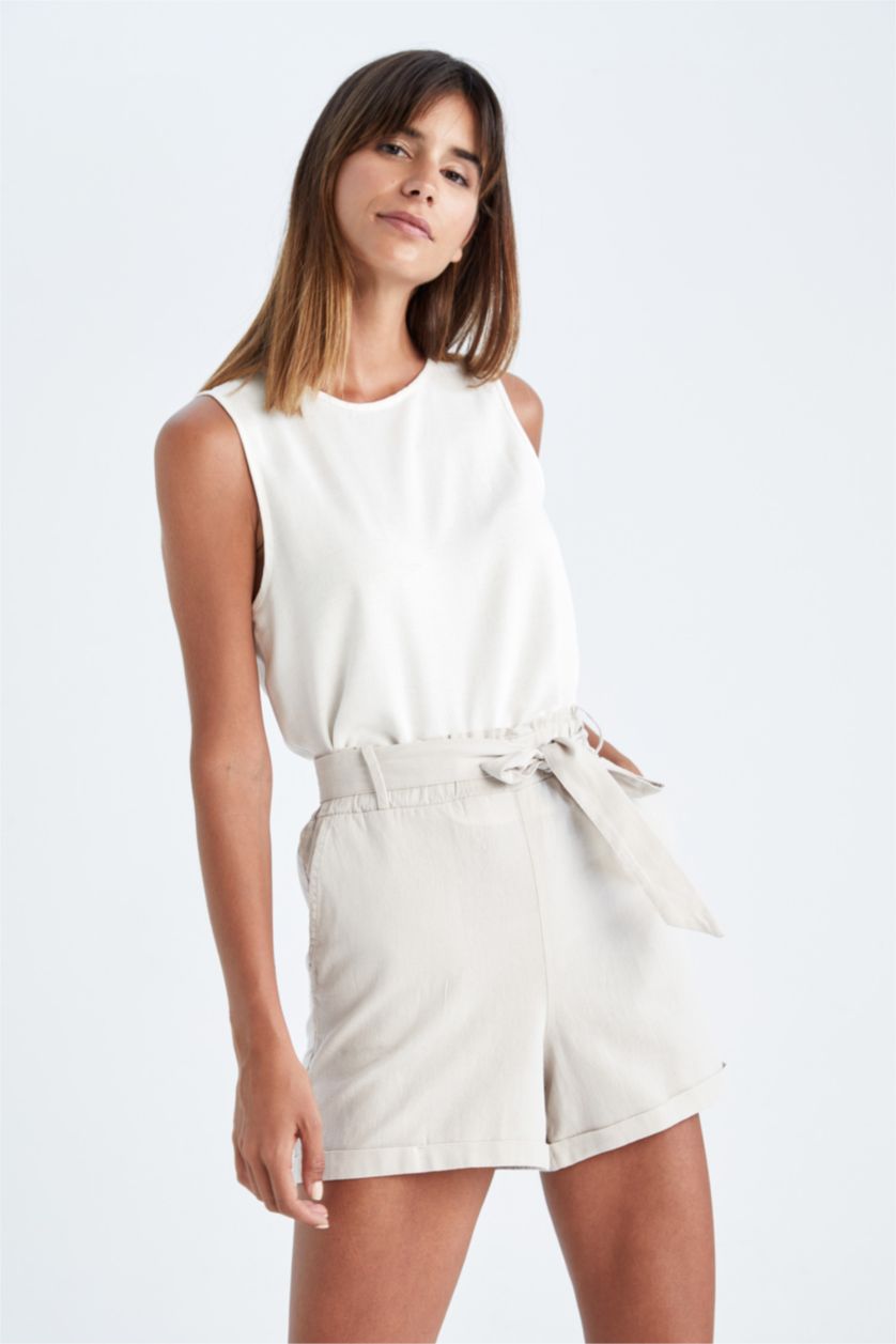 Woman Stone Relax Fit Linen Blended Paperbag Waist Short Leg Shorts