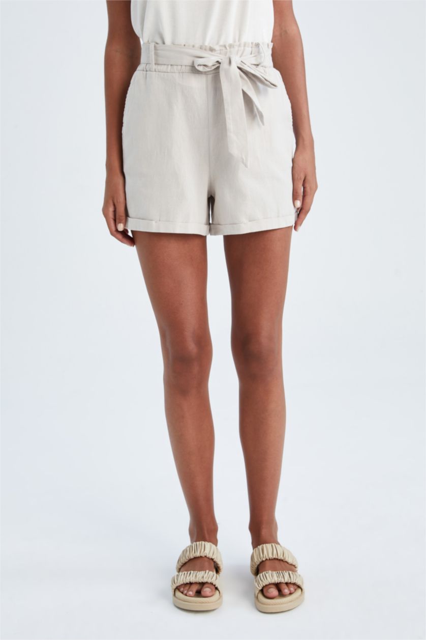 Woman Stone Relax Fit Linen Blended Paperbag Waist Short Leg Shorts
