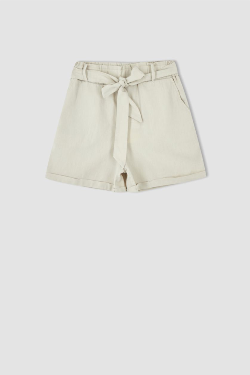 Woman Stone Relax Fit Linen Blended Paperbag Waist Short Leg Shorts