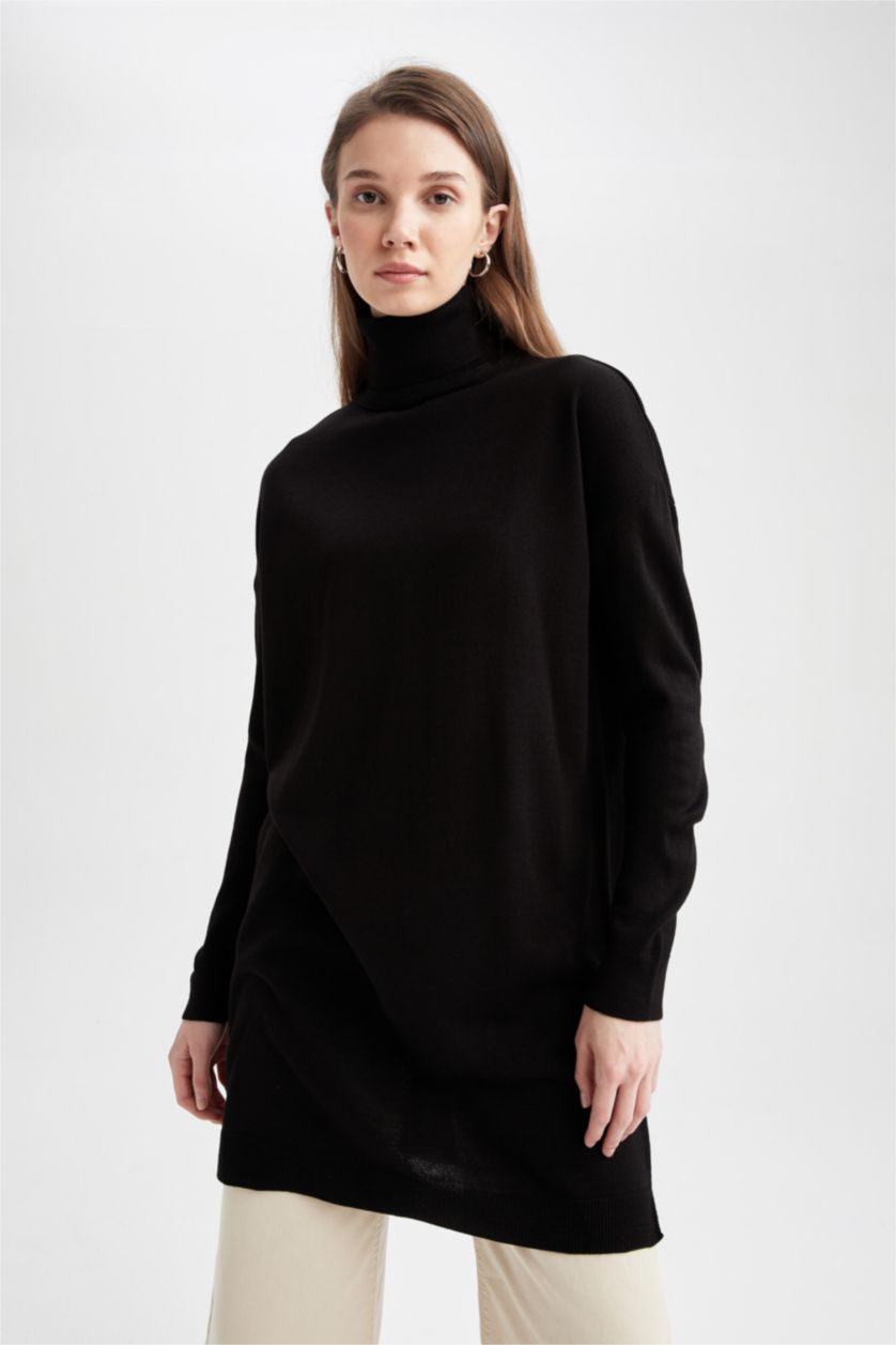 WOMAN Black Regular Fit Turtleneck Tunic