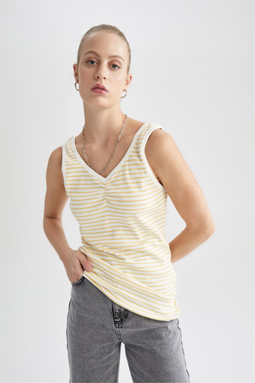 FEMME Jaune Débardeur rayée à Col en V coupe classique