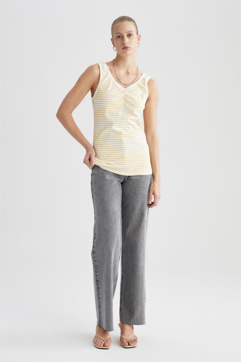 FEMME Jaune Débardeur rayée à Col en V coupe classique