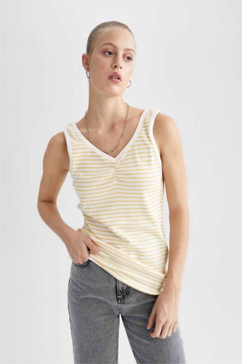 FEMME Jaune Débardeur rayée à Col en V coupe classique