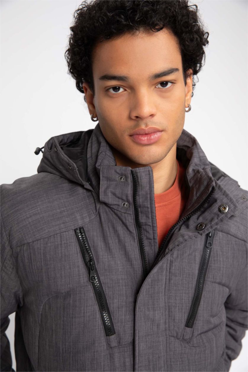 رجالي ميلانج رمادي جاكيت بامب سليم فيت بكابيشون ببطانة صوفية وتر برووف