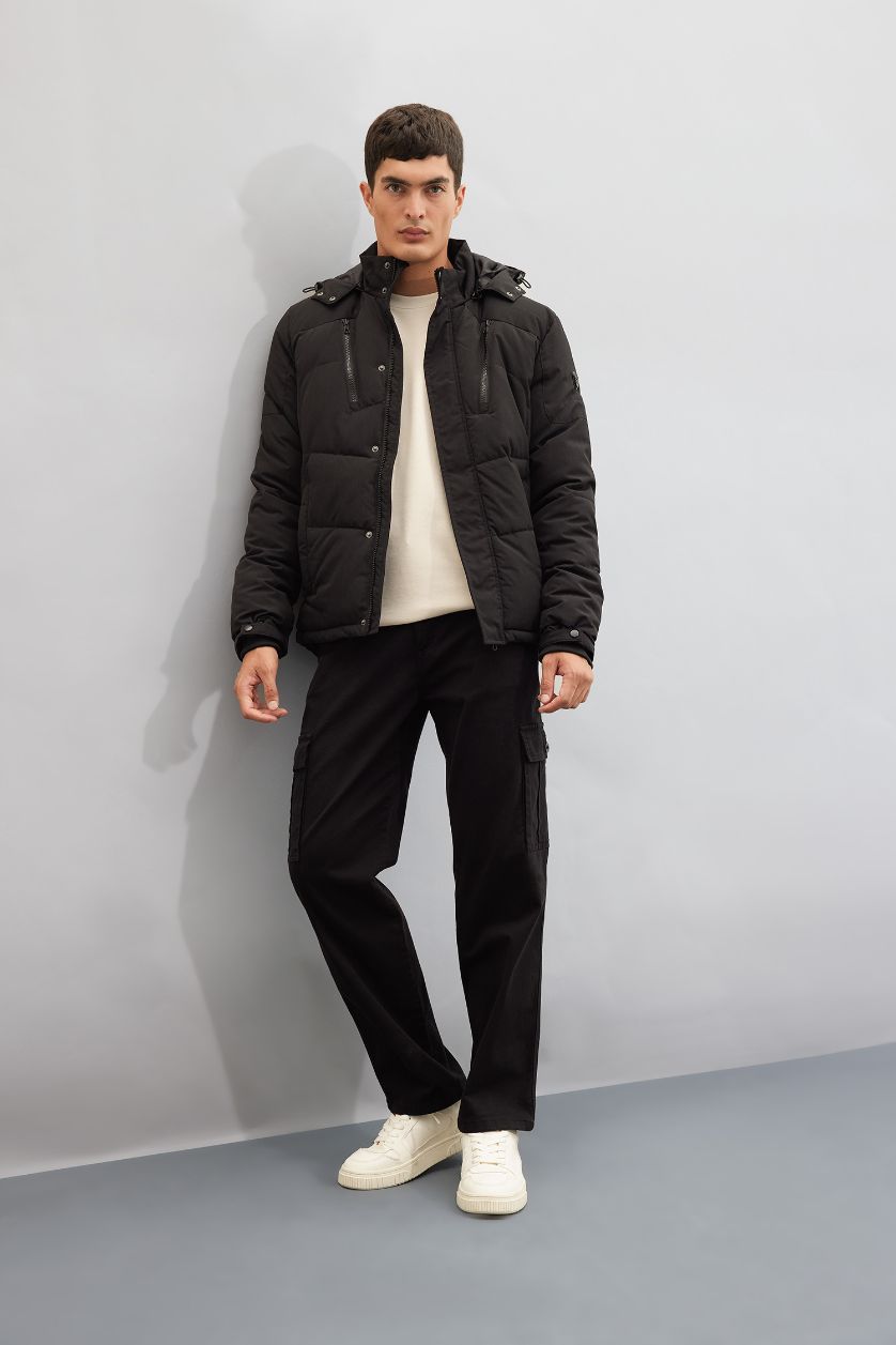 Erkek Siyah Su Geçirmez Mont Slim Fit Dar Kesim Kapüşonlu Polar Astarlı Fermuarlı