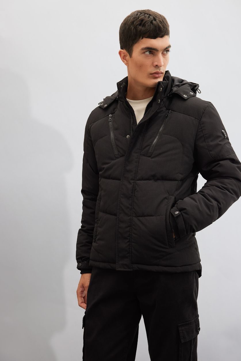 Erkek Siyah Su Geçirmez Mont Slim Fit Dar Kesim Kapüşonlu Polar Astarlı Fermuarlı