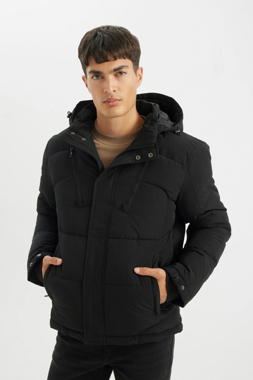 Erkek Siyah Su Geçirmez Mont Slim Fit Dar Kesim Kapüşonlu Polar Astarlı Fermuarlı