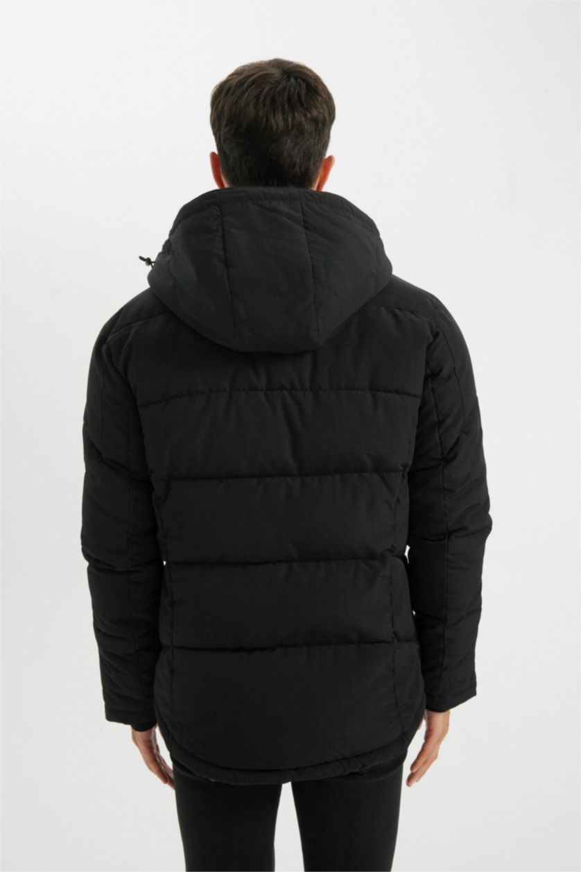 Erkek Siyah Su Geçirmez Mont Slim Fit Dar Kesim Kapüşonlu Polar Astarlı Fermuarlı