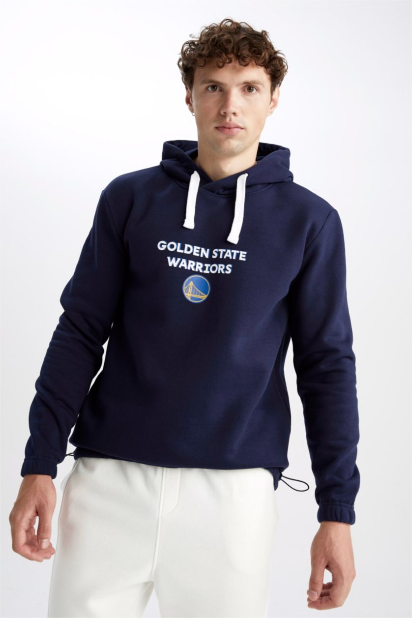 Erkek Koyu İndigo DeFactoFit NBA Golden State Warriors Regular Fit Kapüşonlu Sweatshirt