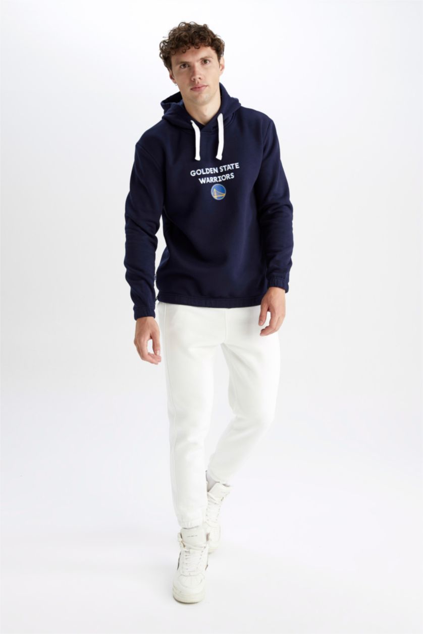 Erkek Koyu İndigo DeFactoFit NBA Golden State Warriors Regular Fit Kapüşonlu Sweatshirt