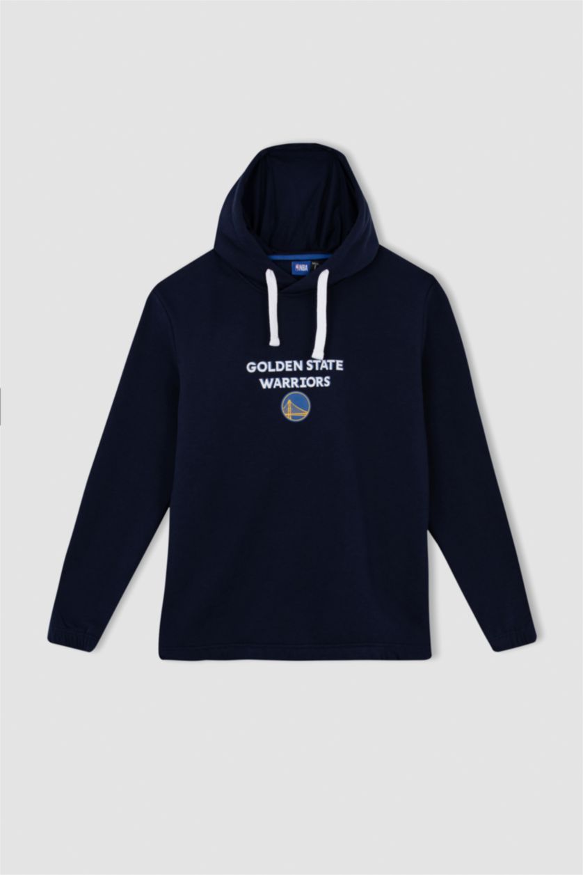 Erkek Koyu İndigo DeFactoFit NBA Golden State Warriors Regular Fit Kapüşonlu Sweatshirt
