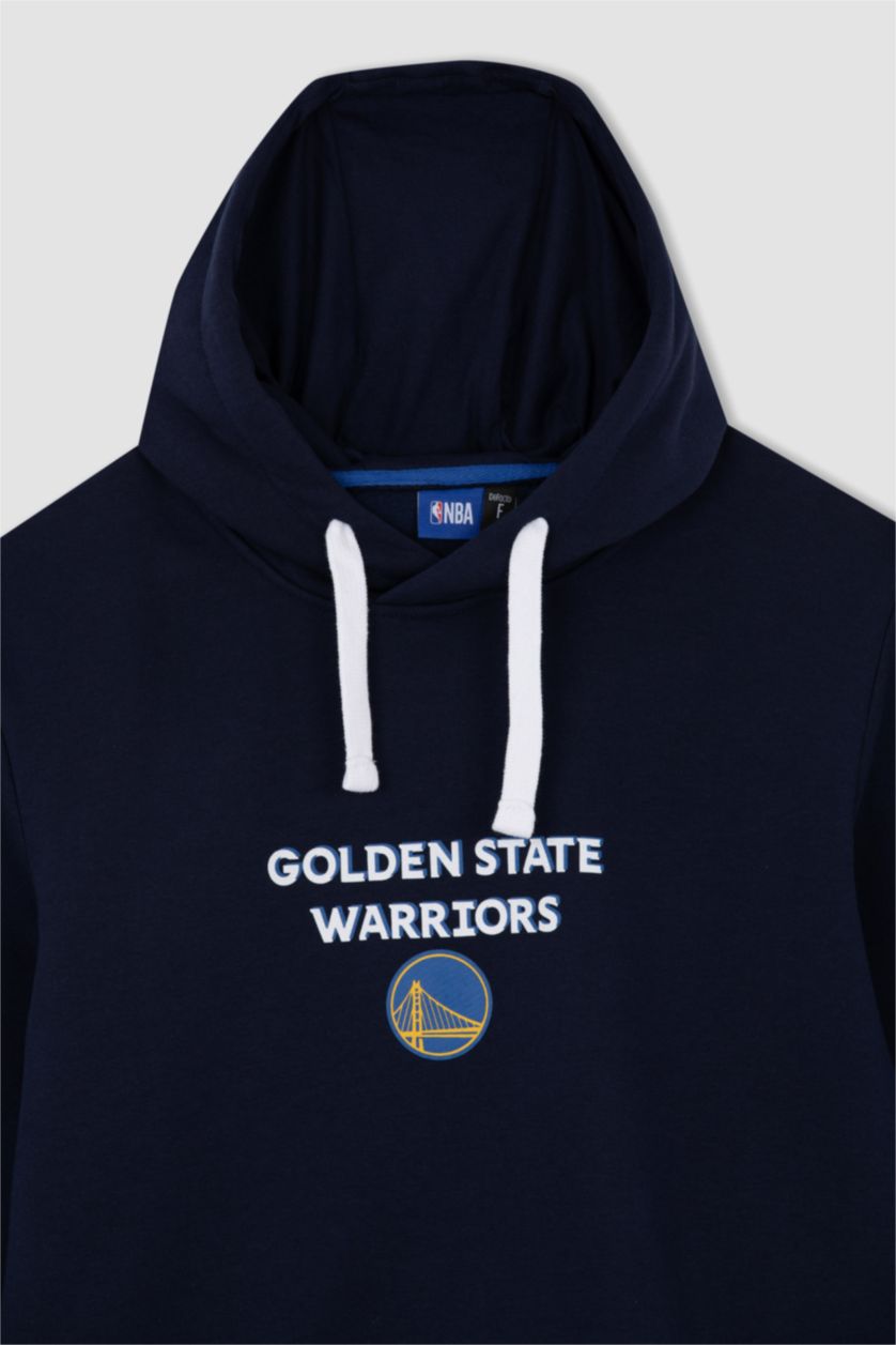 Erkek Koyu İndigo DeFactoFit NBA Golden State Warriors Regular Fit Kapüşonlu Sweatshirt