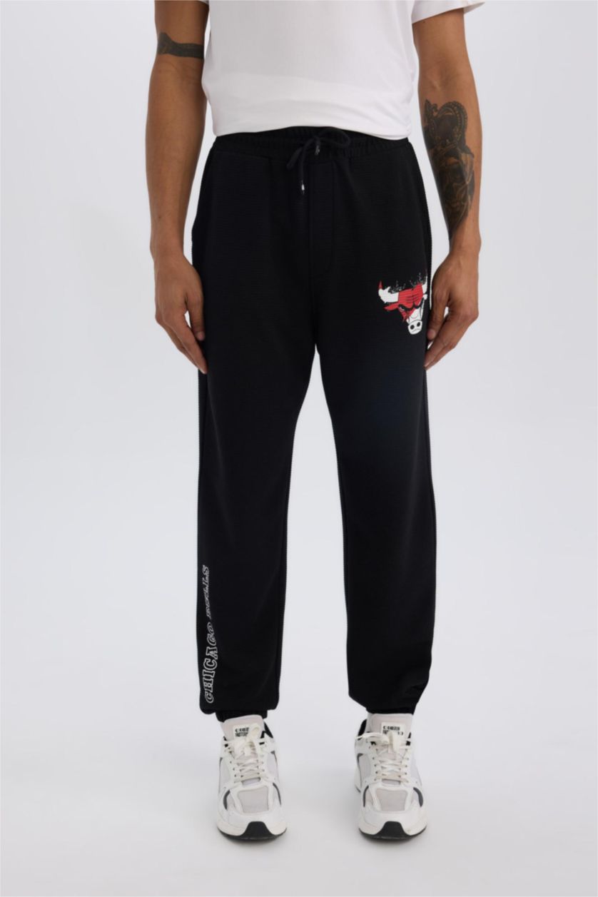 Erkek Siyah NBA Chicago Bulls İnce Jogger Eşofman Altı Oversize Geniş Kalıp Cepli Lastikli Paça