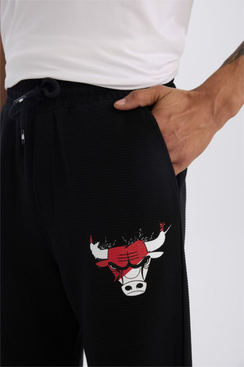 Erkek Siyah NBA Chicago Bulls İnce Jogger Eşofman Altı Oversize Geniş Kalıp Cepli Lastikli Paça