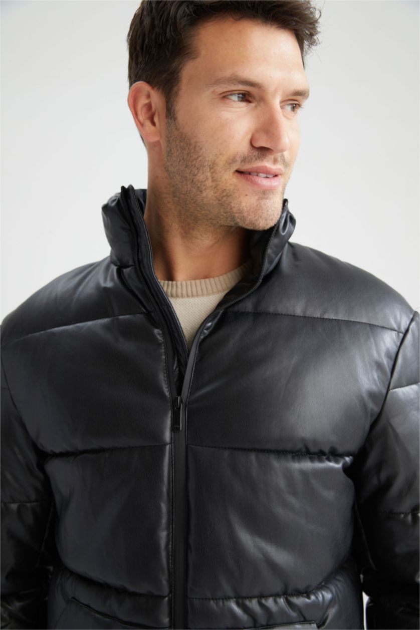 رجال أسود جاكيت جلد صناعي سليم فيت بياقة عالية