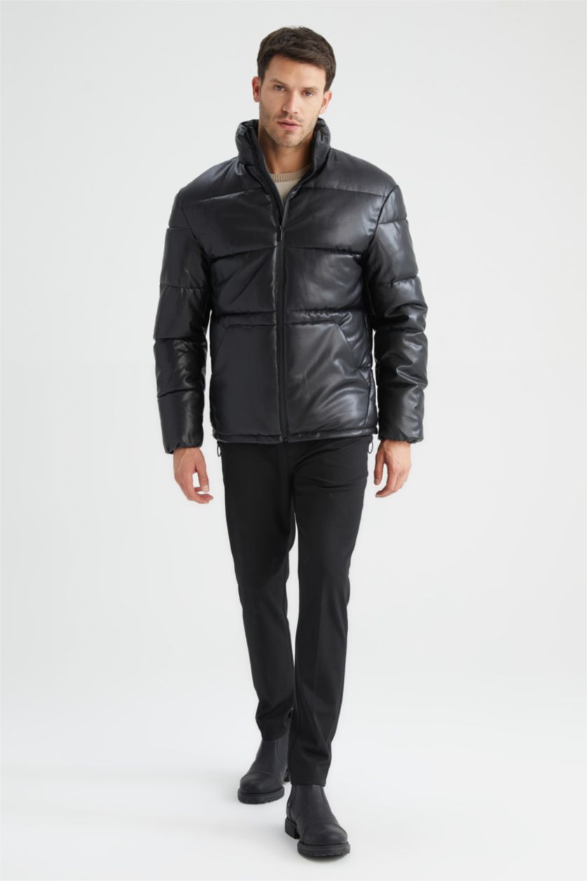 رجال أسود جاكيت جلد صناعي سليم فيت بياقة عالية