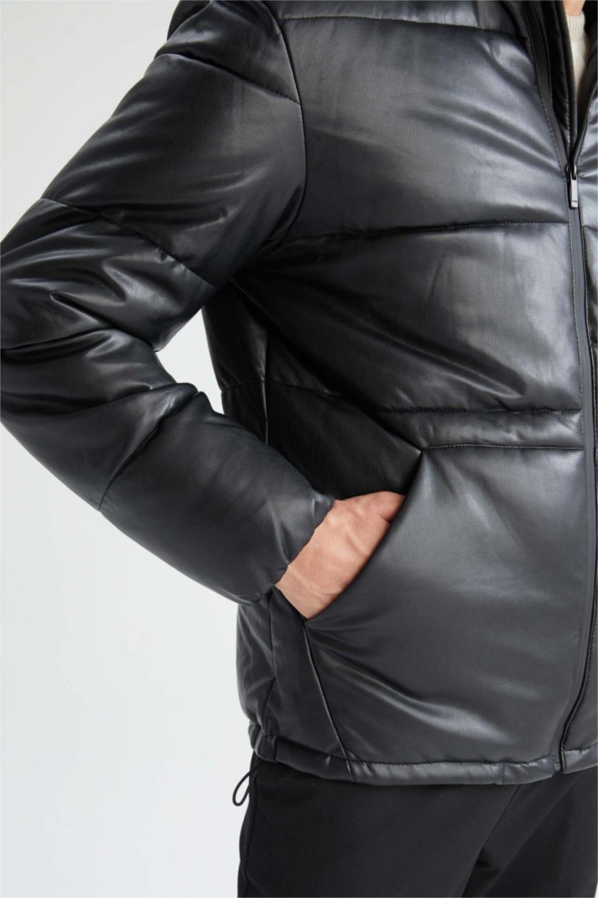 رجال أسود جاكيت جلد صناعي سليم فيت بياقة عالية