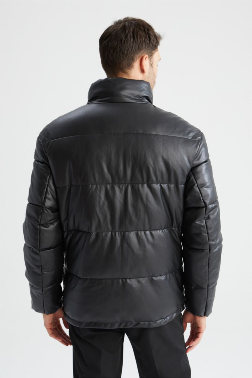 رجال أسود جاكيت جلد صناعي سليم فيت بياقة عالية